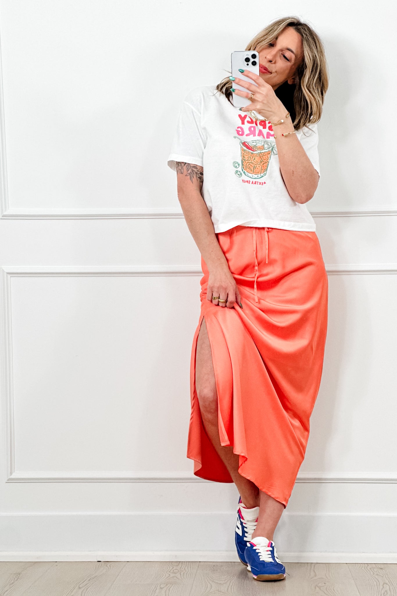 Satin Elastic Waist Midi Skirt with Side Slit