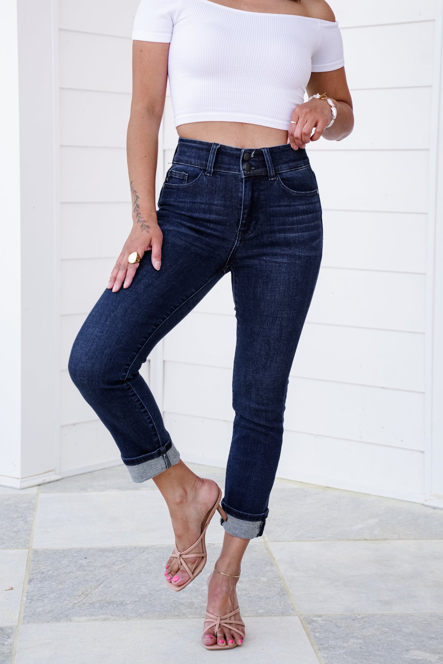 Judy Blue High Rise Dark Wash Double Waist Band Capri