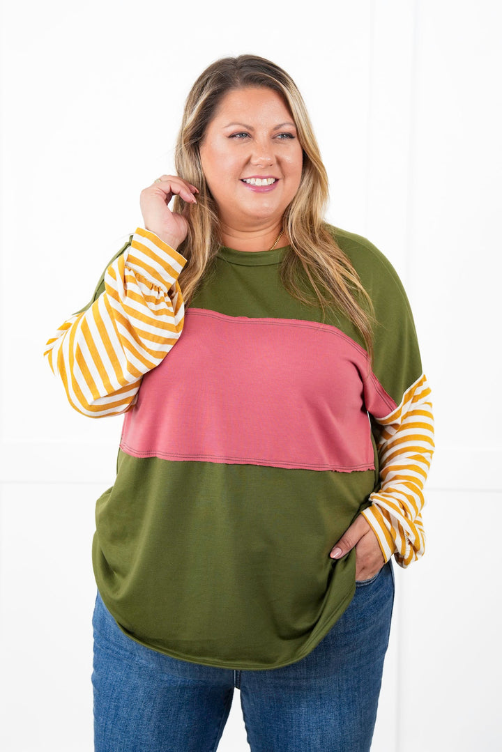 Plus/Reg Color Block and Stripe Long Sleeve Top