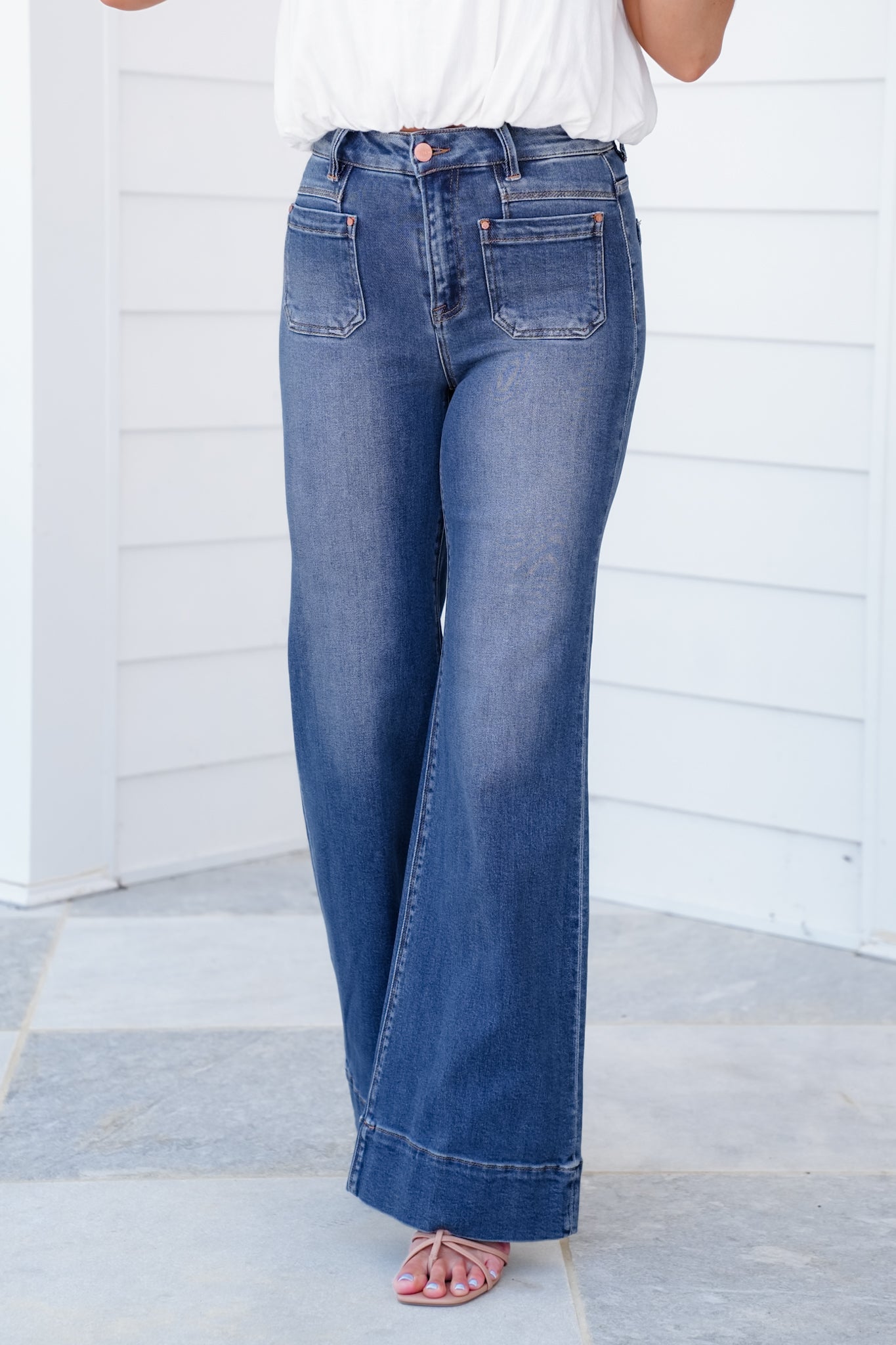 Risen High Rise Dark Wash Wide Leg Flare Jeans with Patch Pockets