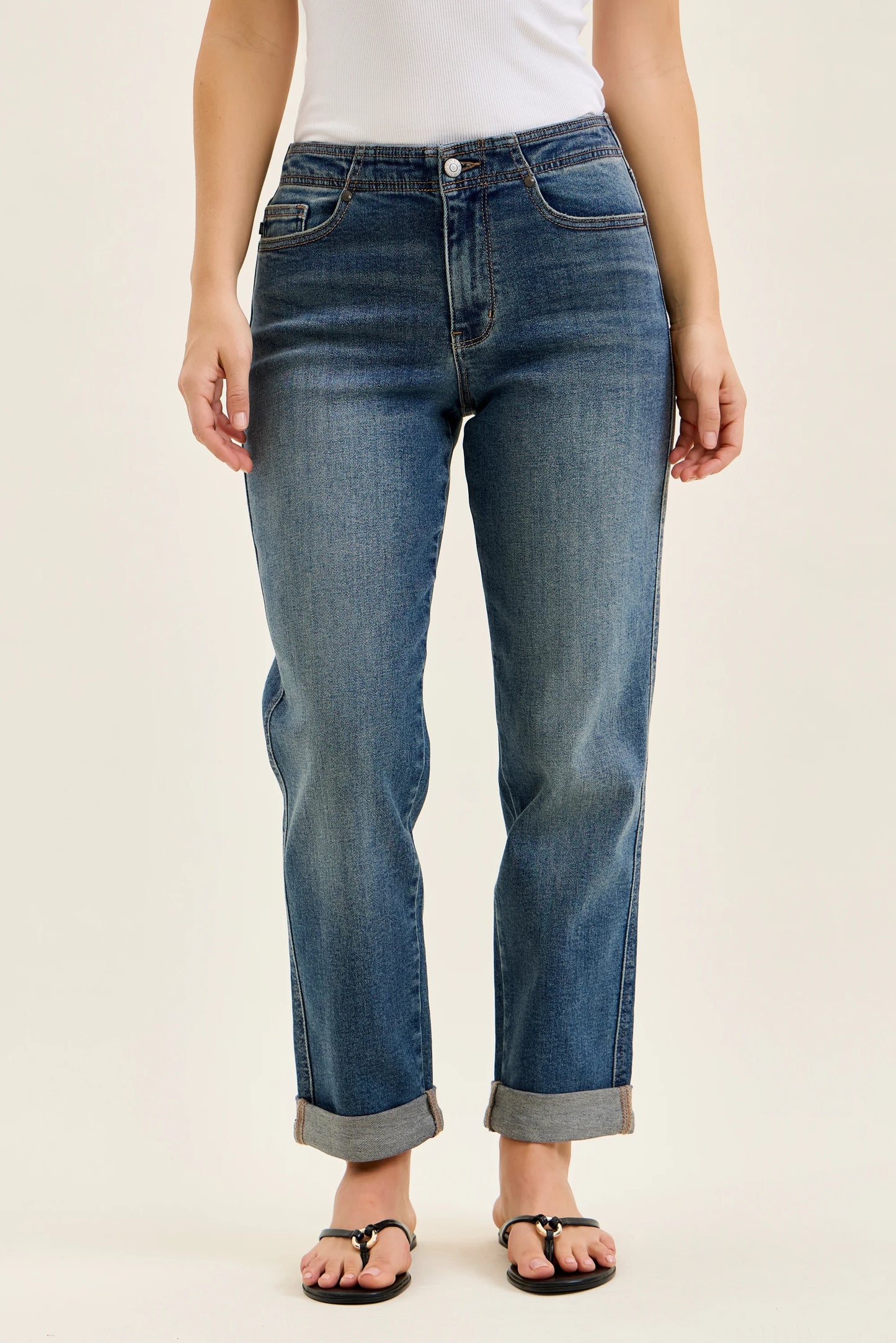 Judy Blue Mid Rise Dark Wash Boyfriend Jeans with Adjustable Back Tab