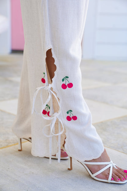 Linen Blend Elastic Waist Pants with Embroidered Cherry Detail