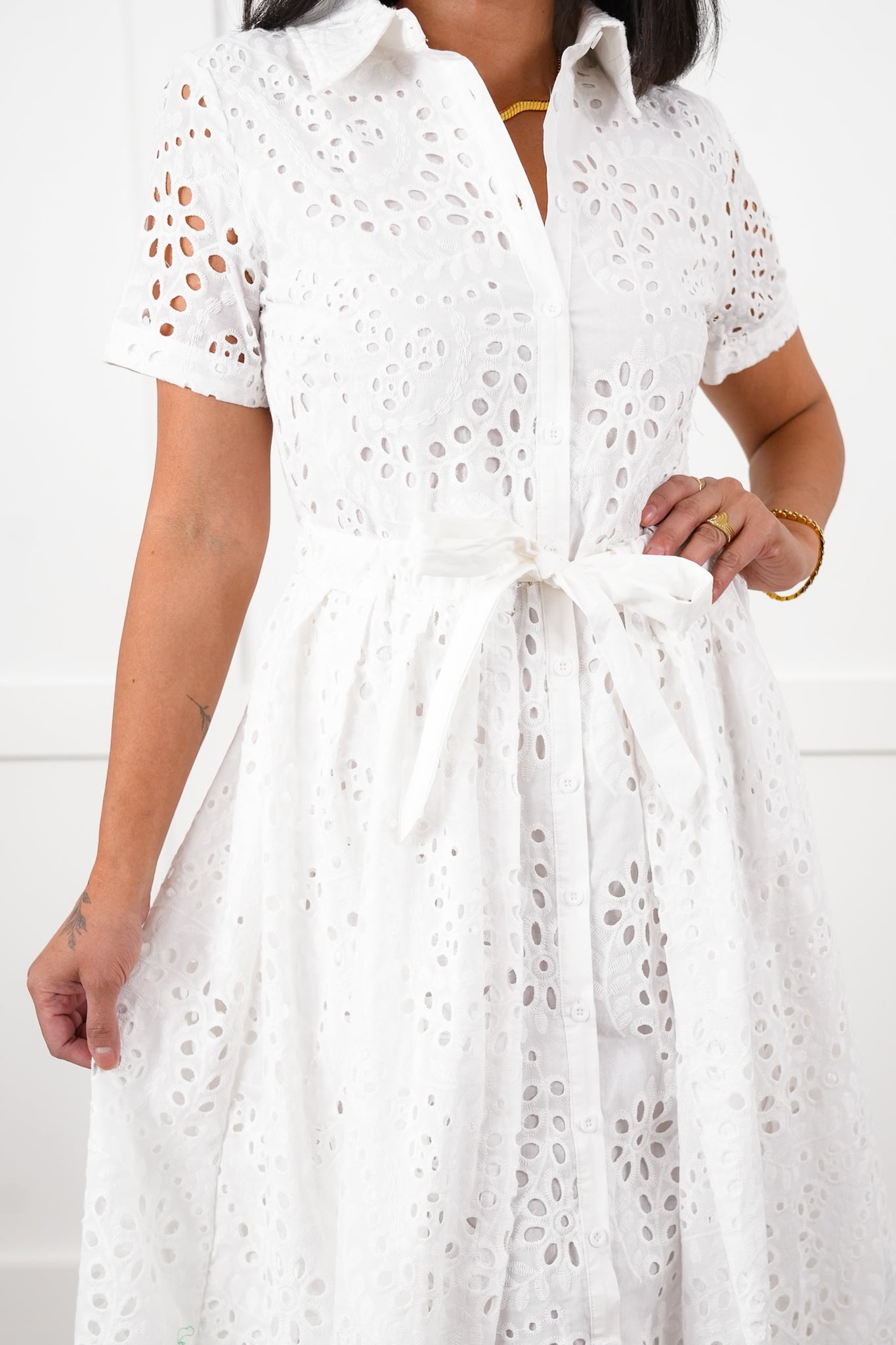 White Eyelet Short Sleeve Button Down Midi Dress with Belt Detail