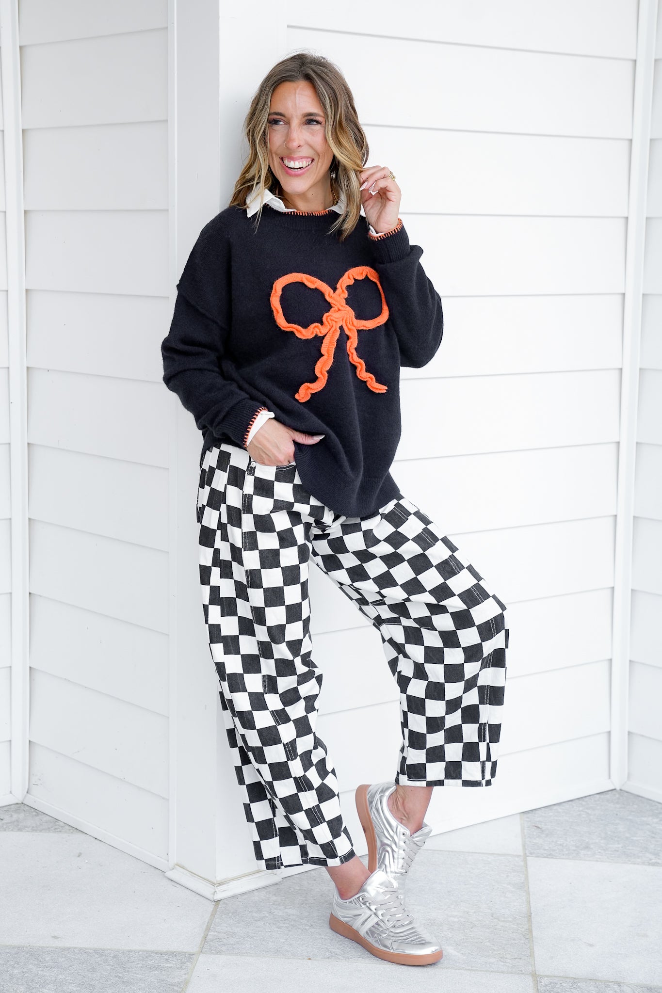 Knit Long Sleeve Crew Neck Sweater with Bow Detail