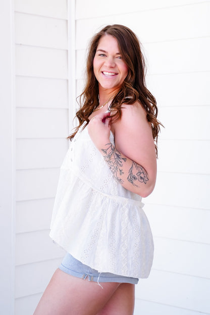 POL Sleeveless Embroidered Button Up Top