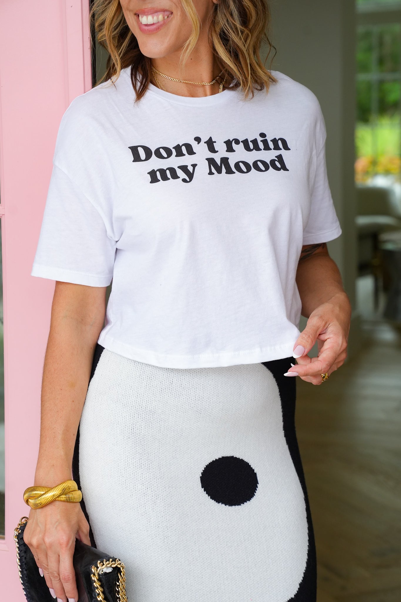 Plus/Reg White Short Sleeve "Don't Ruin My Mood" Cropped Graphic Tee