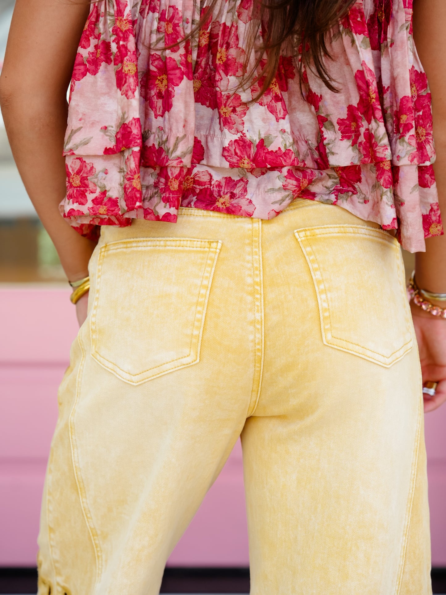 Saige High Rise Yellow Tummy Control Barrel Jeans With Eyelet Embroidery