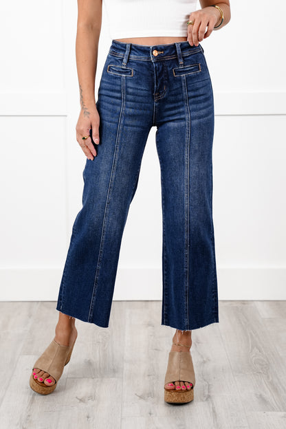Bayeas High Rise Dark Wash Wide Leg Jeans with Raw Hem