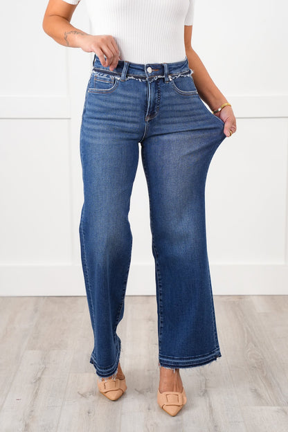 Risen High Rise Dark Wash Tummy Control Wide Leg Jeans with Released Hem