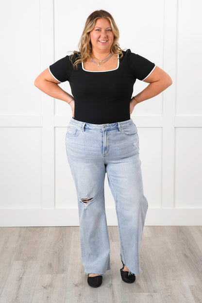 Restock! Plus/Reg Ribbed Knit Short Sleeve Square Neck Top with Contrast Trim Detail