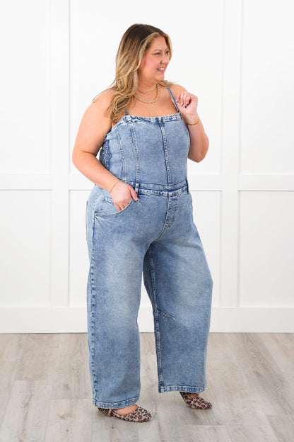 Mineral Wash Denim Sleeveless Overalls with Smocking Detail