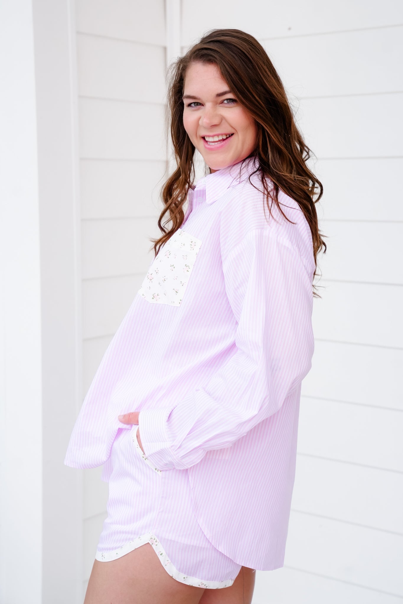 Pink Stripe Long Sleeve Button Down and Shorts Set