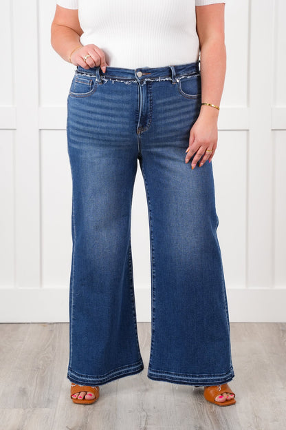 Risen High Rise Dark Wash Tummy Control Wide Leg Jeans with Released Hem