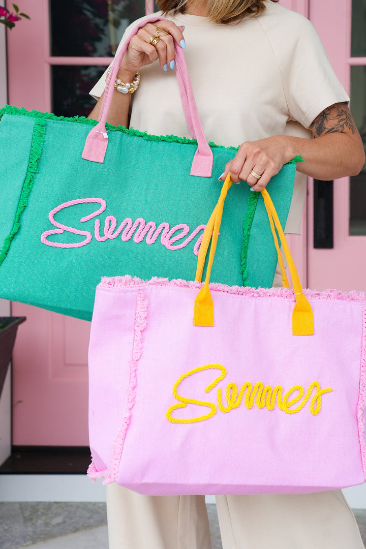 "Summer" Sewn Rope Fringed Adorned Canvas Tote Bag with Zipper Closure