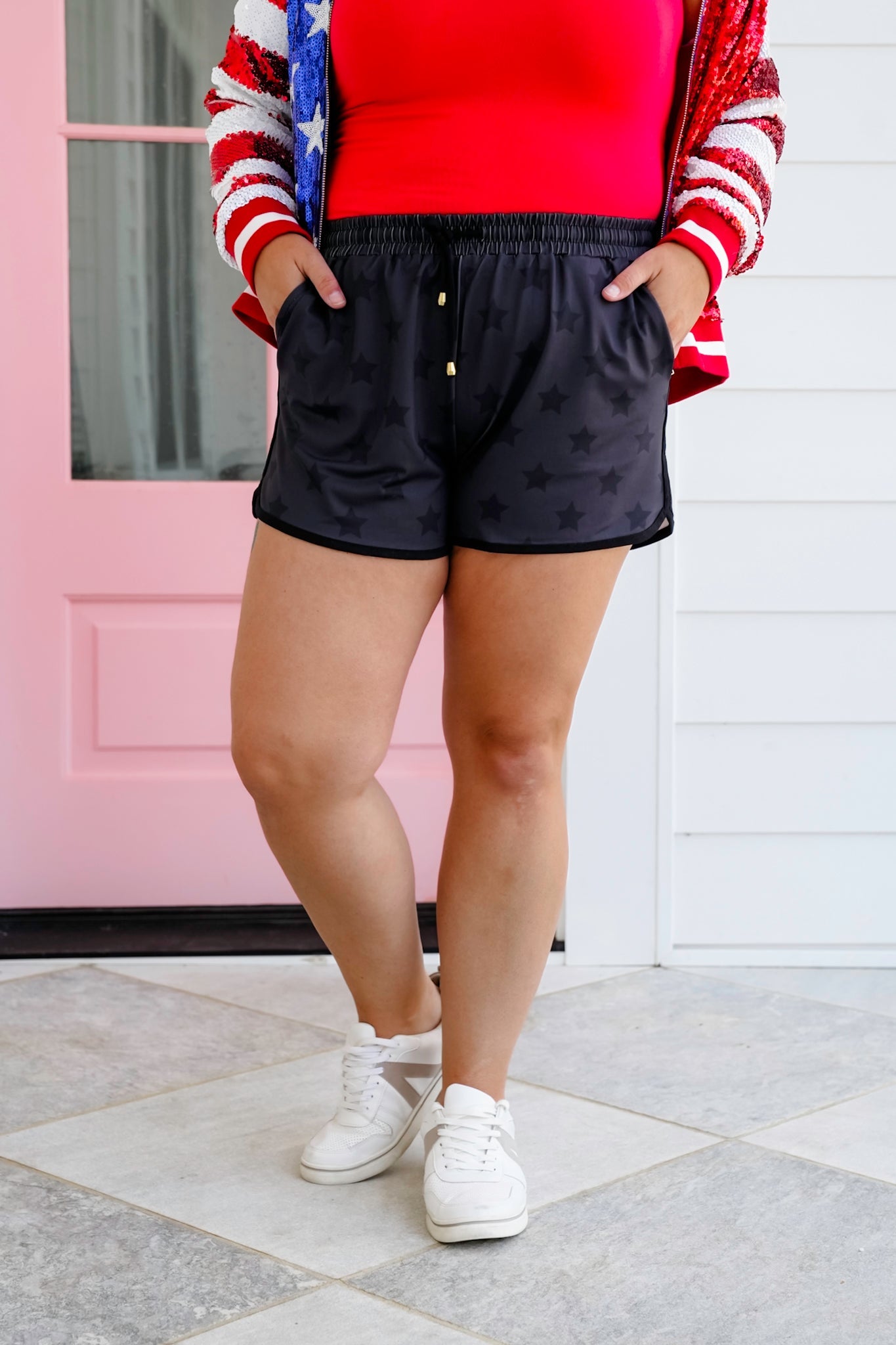 Plus/Reg Black Star Print Elastic Waist Shorts