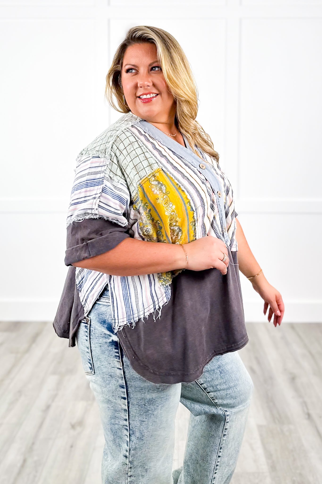 Color Block Short Sleeve Button Up Top with Print Contrast Detail