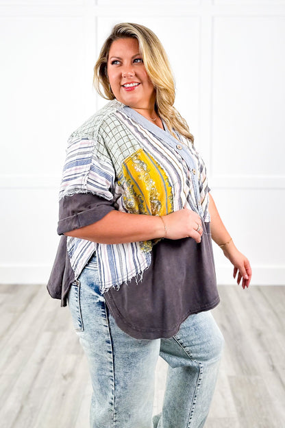 Color Block Short Sleeve Button Up Top with Print Contrast Detail