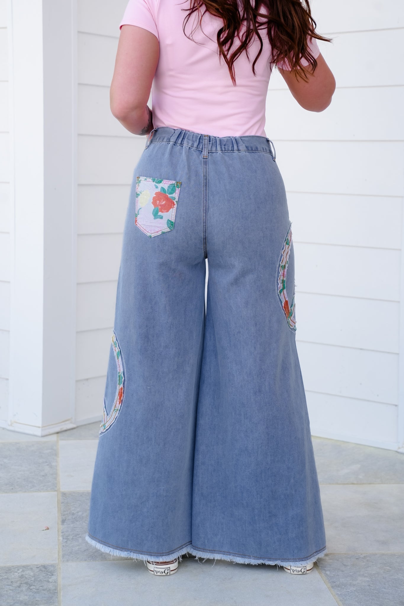POL Vintage Wash Denim Wide Leg Pants with Peace Sign Patch Detail