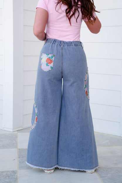 POL Vintage Wash Denim Wide Leg Pants with Peace Sign Patch Detail