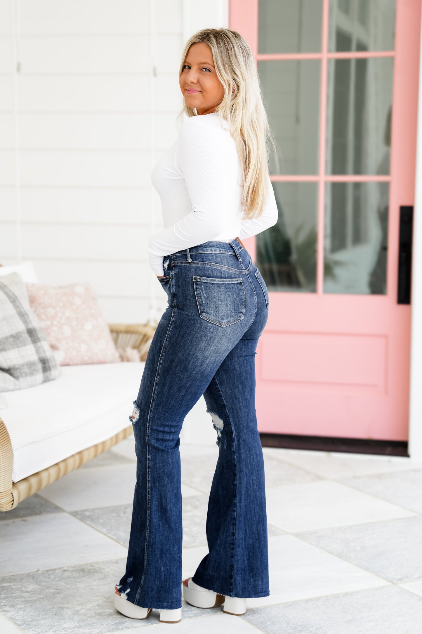 Restock Judy Blue Shake it Off Dark Wash High Rise Tummy Control Destroyed Knee Raw Hem Flare Jeans