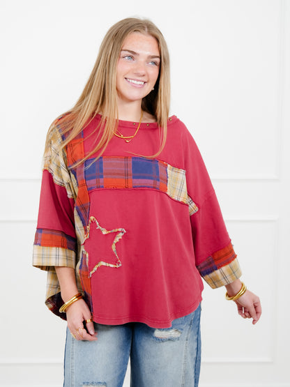 Plaid Mixed 3/4 Sleeve Top with Star Patch