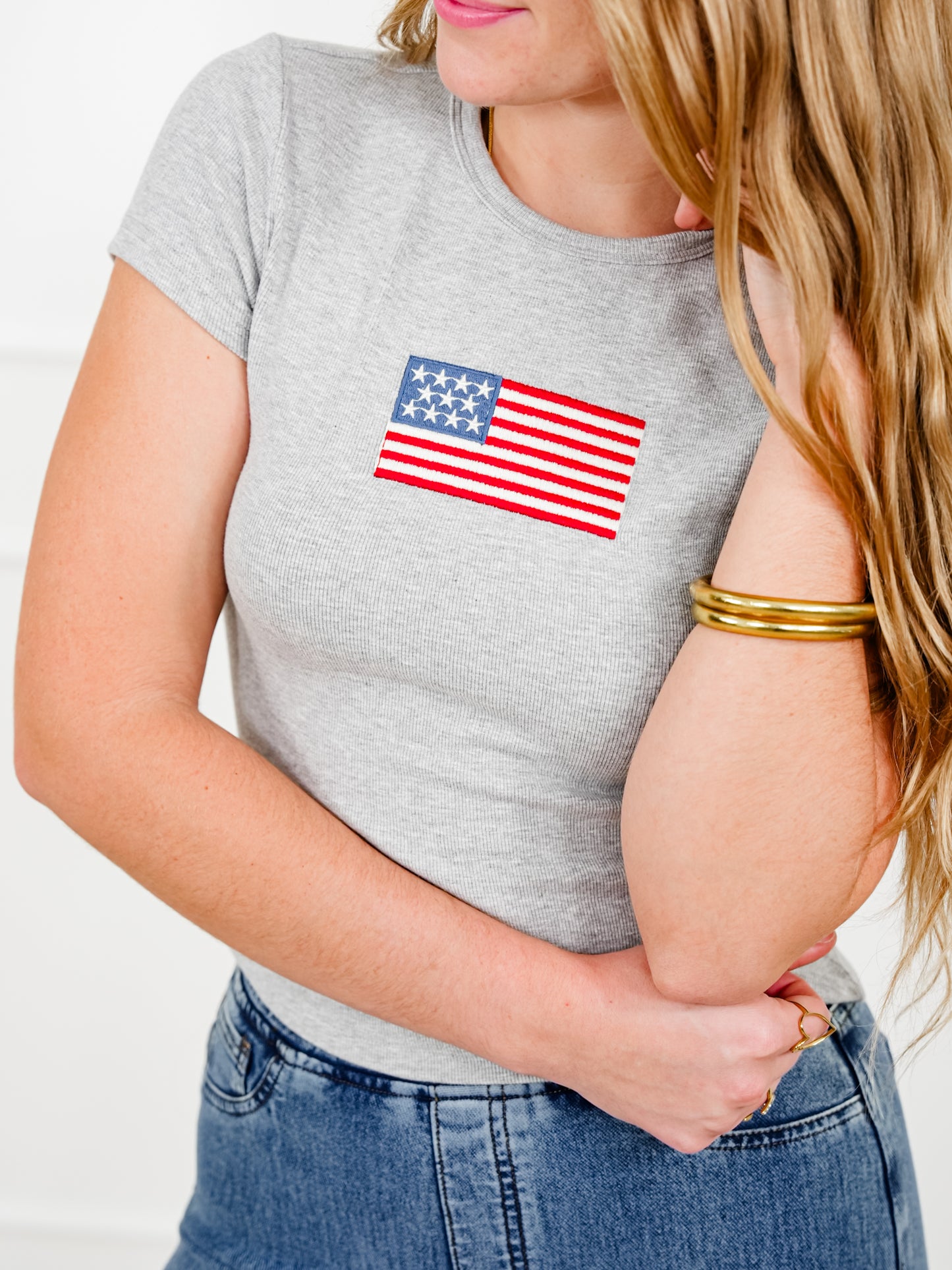 Short Sleeve Top with Embroidered American Flag Patch