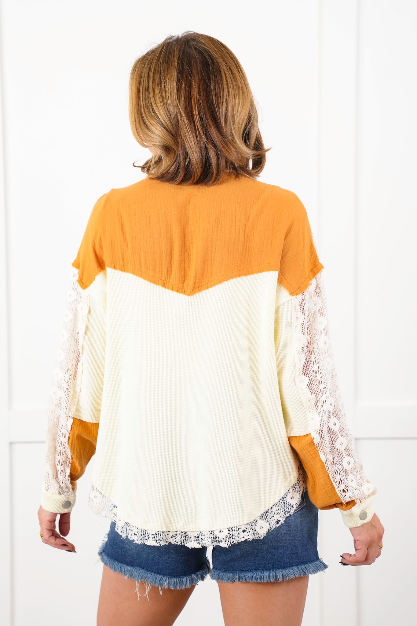 Color Block Long Sleeve Button Down Shacket with Contrast Detail