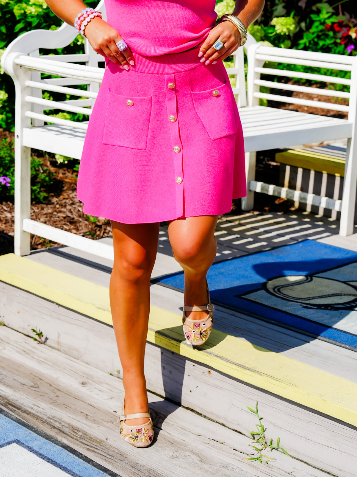 Pink Knit A-Line Mini Skirt with Button Detail - Freckled Poppy