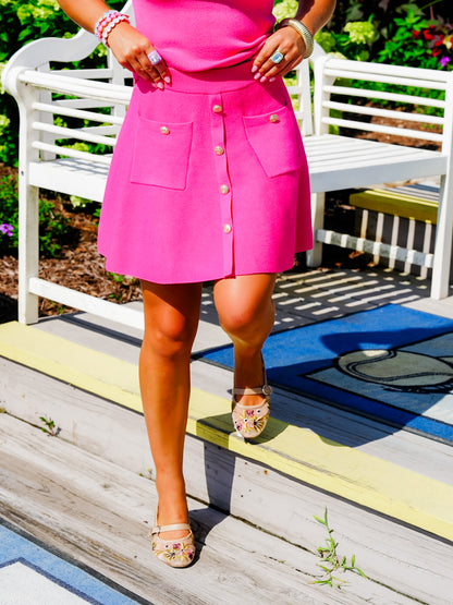 Pink Knit A-Line Mini Skirt with Button Detail - Freckled Poppy