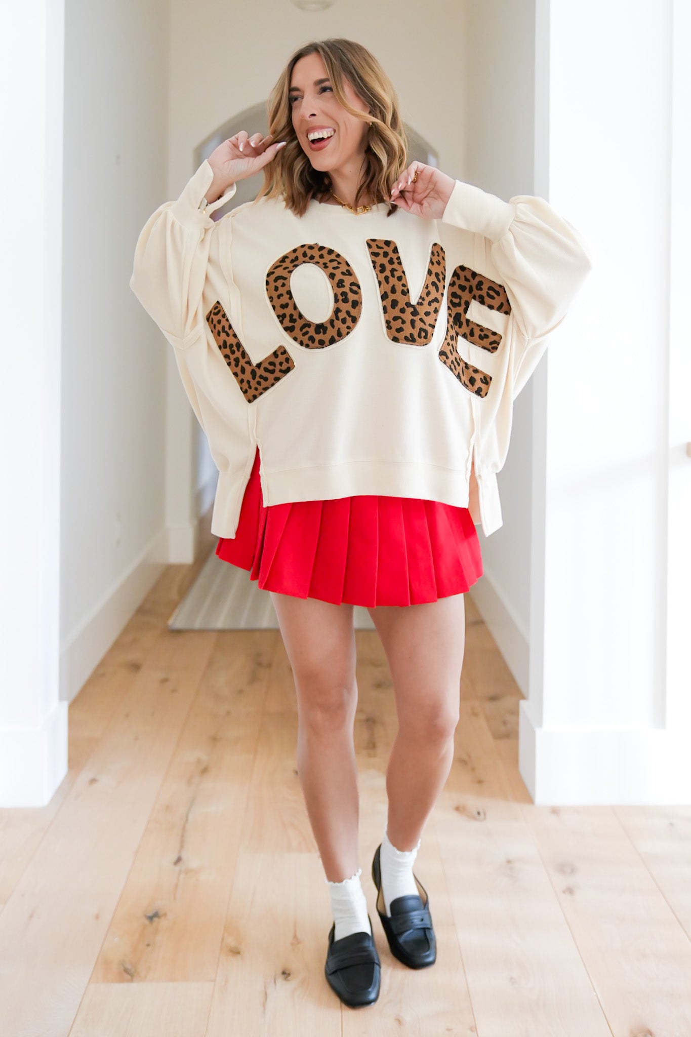 Plus/Reg Long Sleeve Leopard "LOVE" Patch Top with Reverse Seam Detail