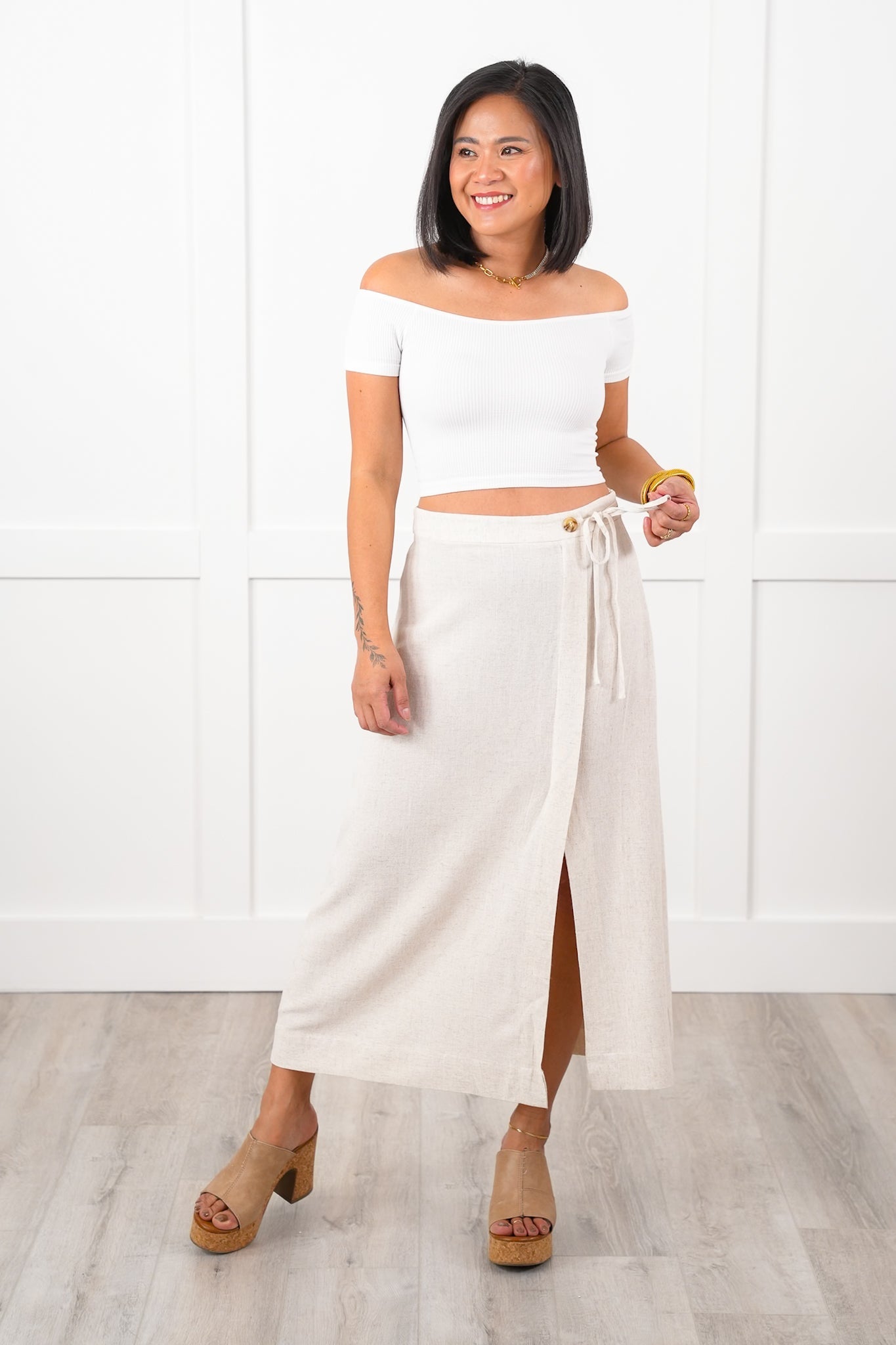Linen Side Tie Midi Skirt with Front Slit Detail