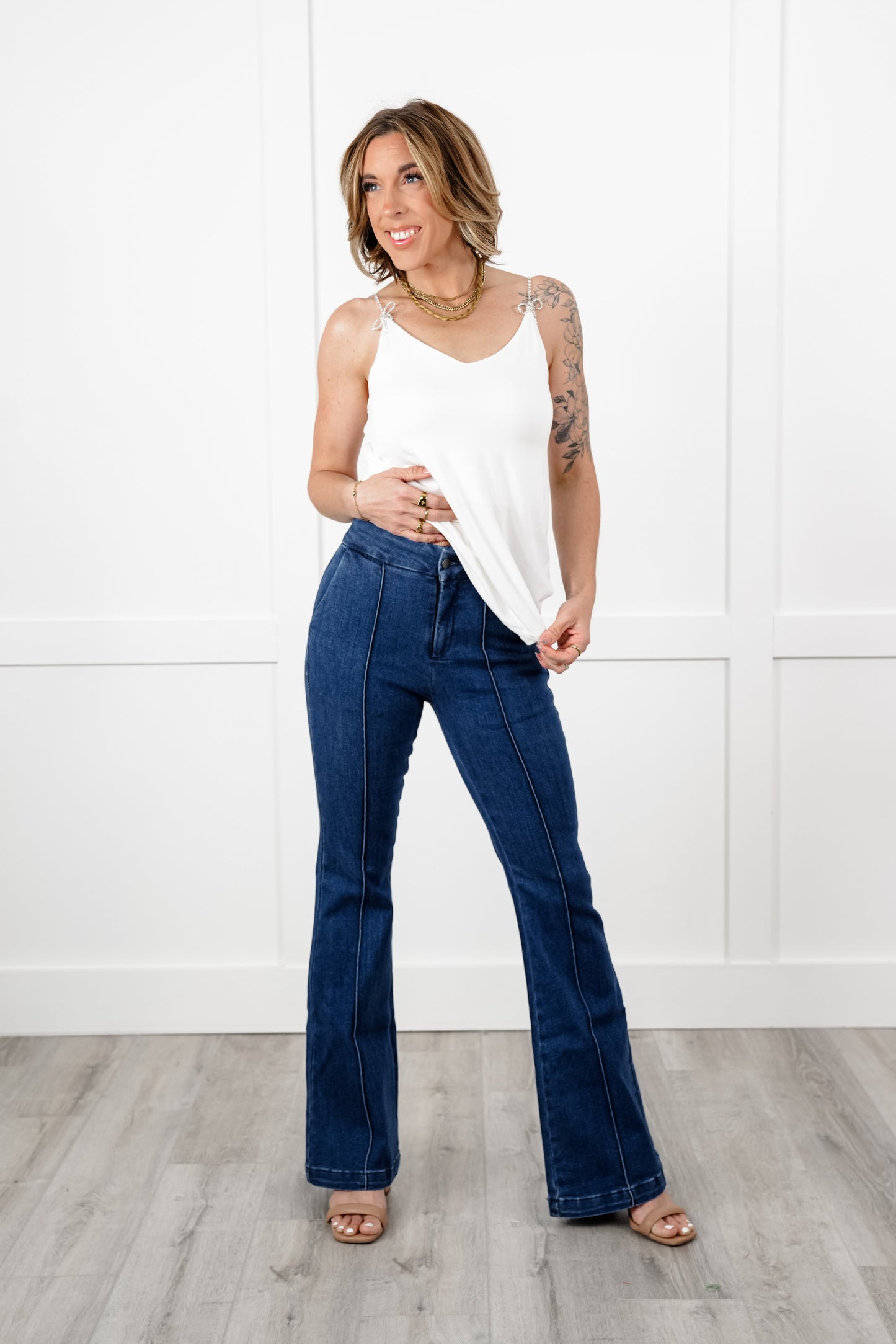 Special A High Rise Dark Wash Tummy Control Flare Jeans with Front Seam Detail