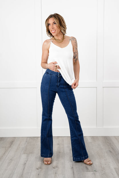 Special A High Rise Dark Wash Tummy Control Flare Jeans with Front Seam Detail