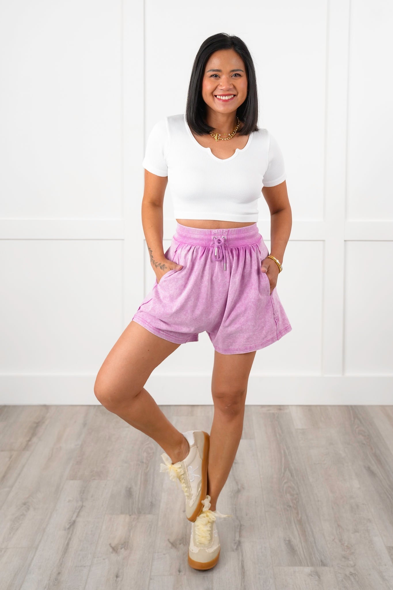 Mineral Wash Elastic High Waist Shorts with Side Pockets