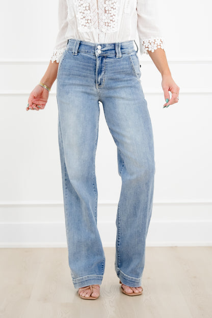 Judy Blue High Rise Light Wash Multiple Inseam Wide Leg Trouser Jeans
