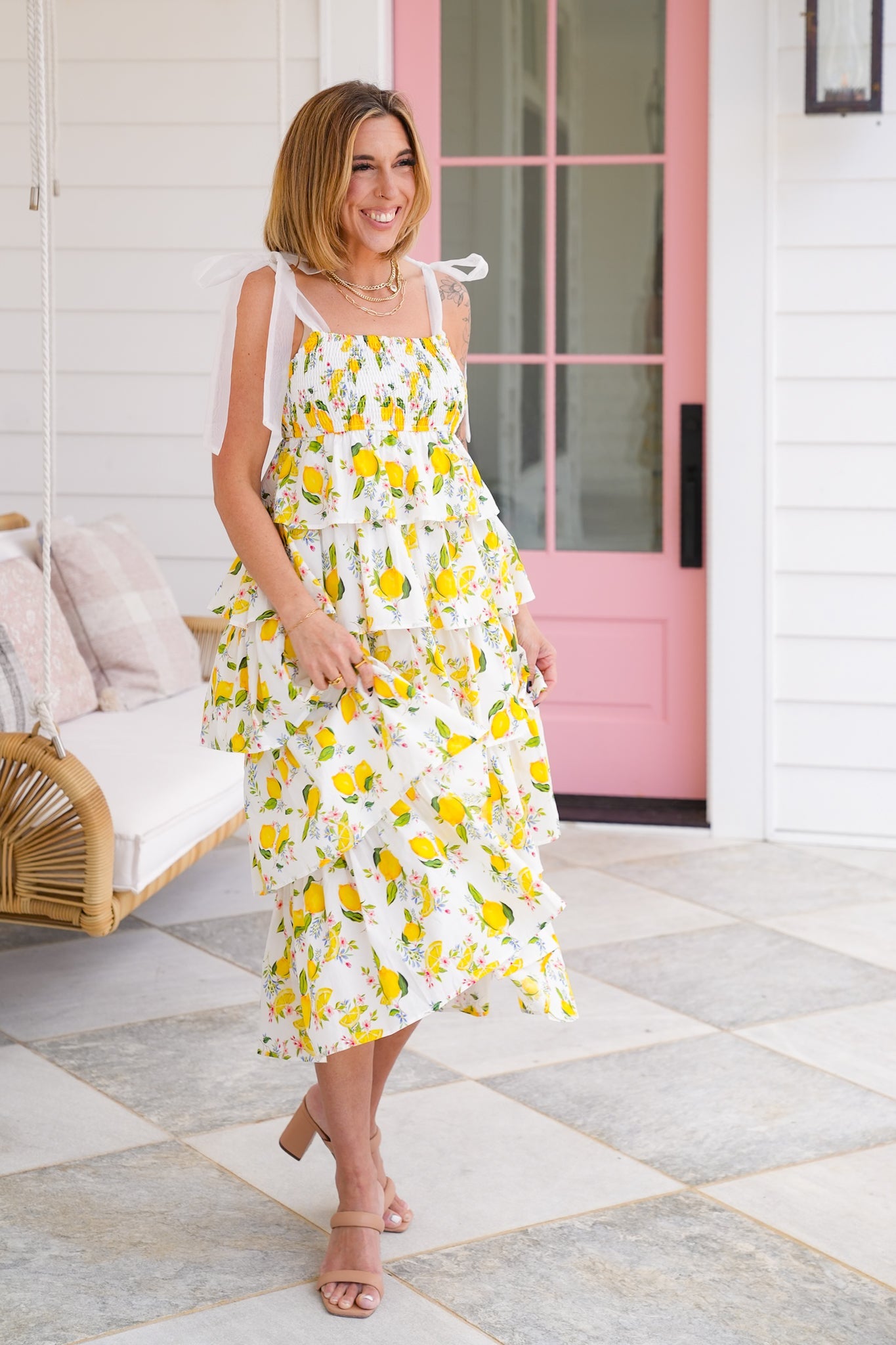 Lemon Print Sleeveless Smocked Tiered Midi Dress