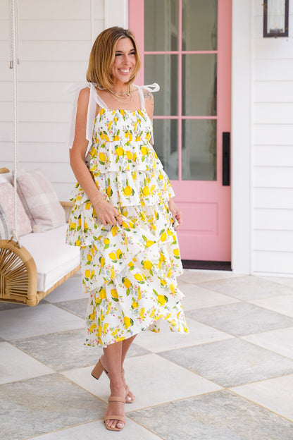 Lemon Print Sleeveless Smocked Tiered Midi Dress