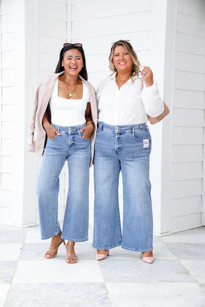 Risen High Rise Medium Wash Tummy Control Crop Wide Leg Jeans with Bow Detail