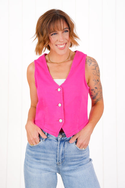 Plus/Reg Judy Blue Colored Denim Button Down Vest (Multiple Colors)