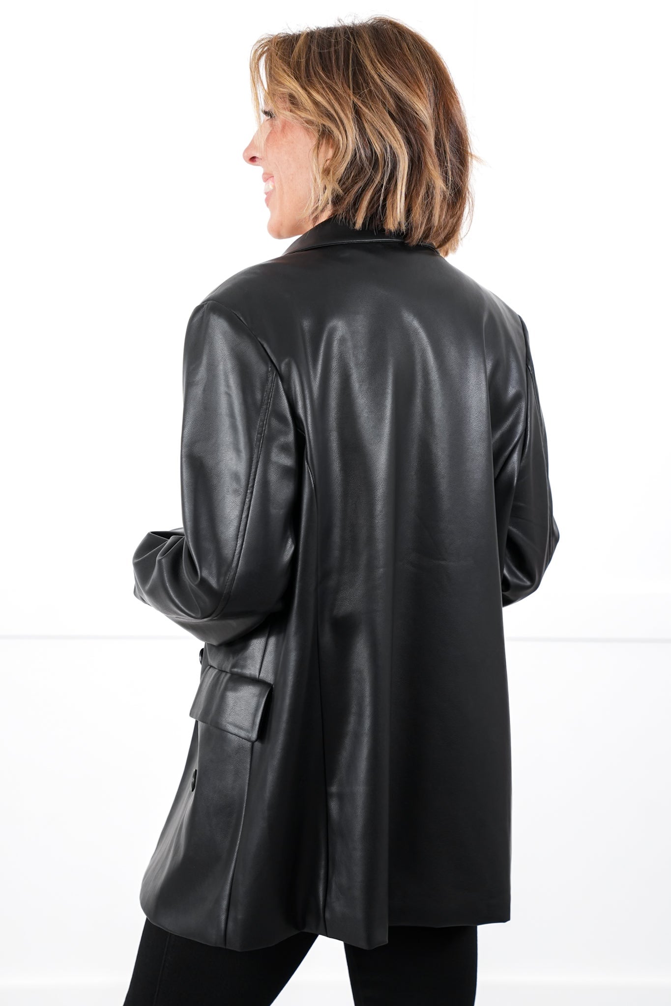 Black Vegan Leather Oversized Blazer with Patch Pocket Detail