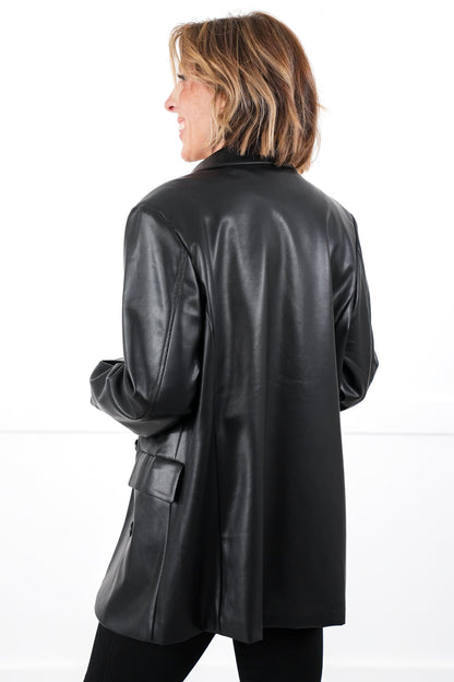 Black Vegan Leather Oversized Blazer with Patch Pocket Detail