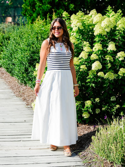Sleeveless Stripe Knit Bodice with Woven Skirt Maxi Dress - Freckled Poppy