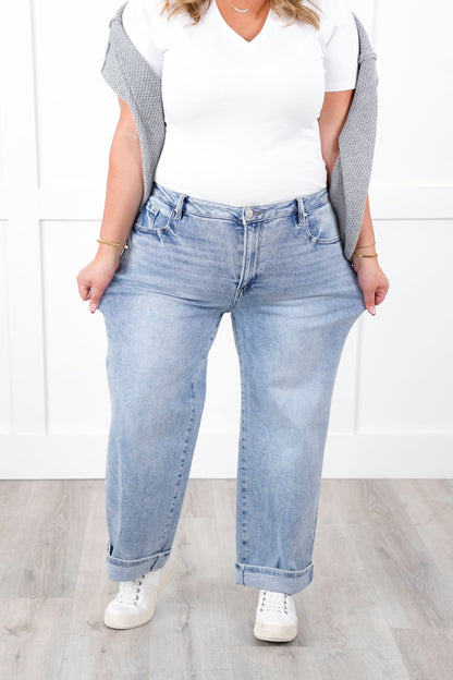 Risen High Rise Light Wash Ankle Barrel Jeans with Cuff