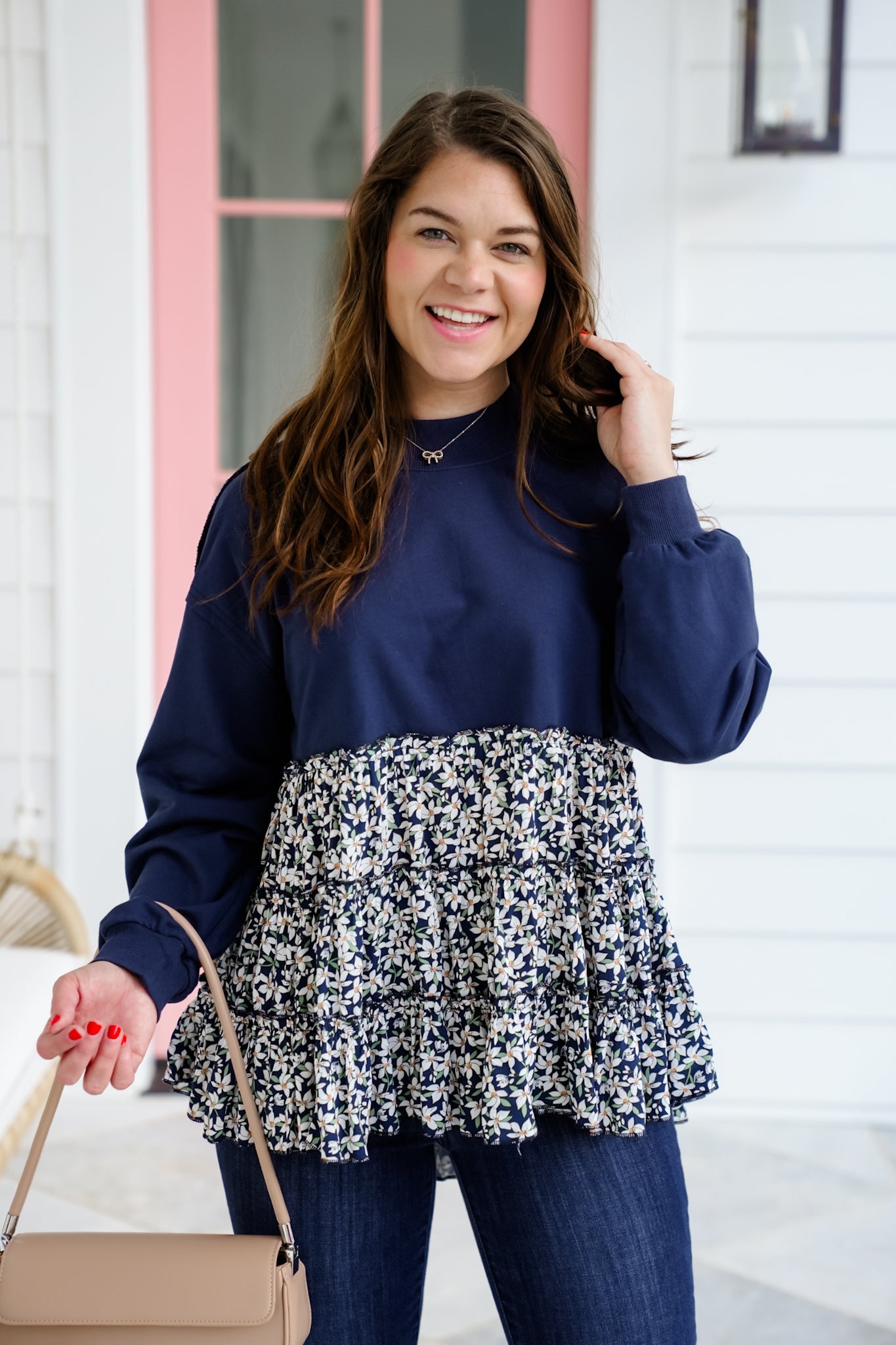Navy Long Sleeve Sweatshirt with Floral Tiered Detail
