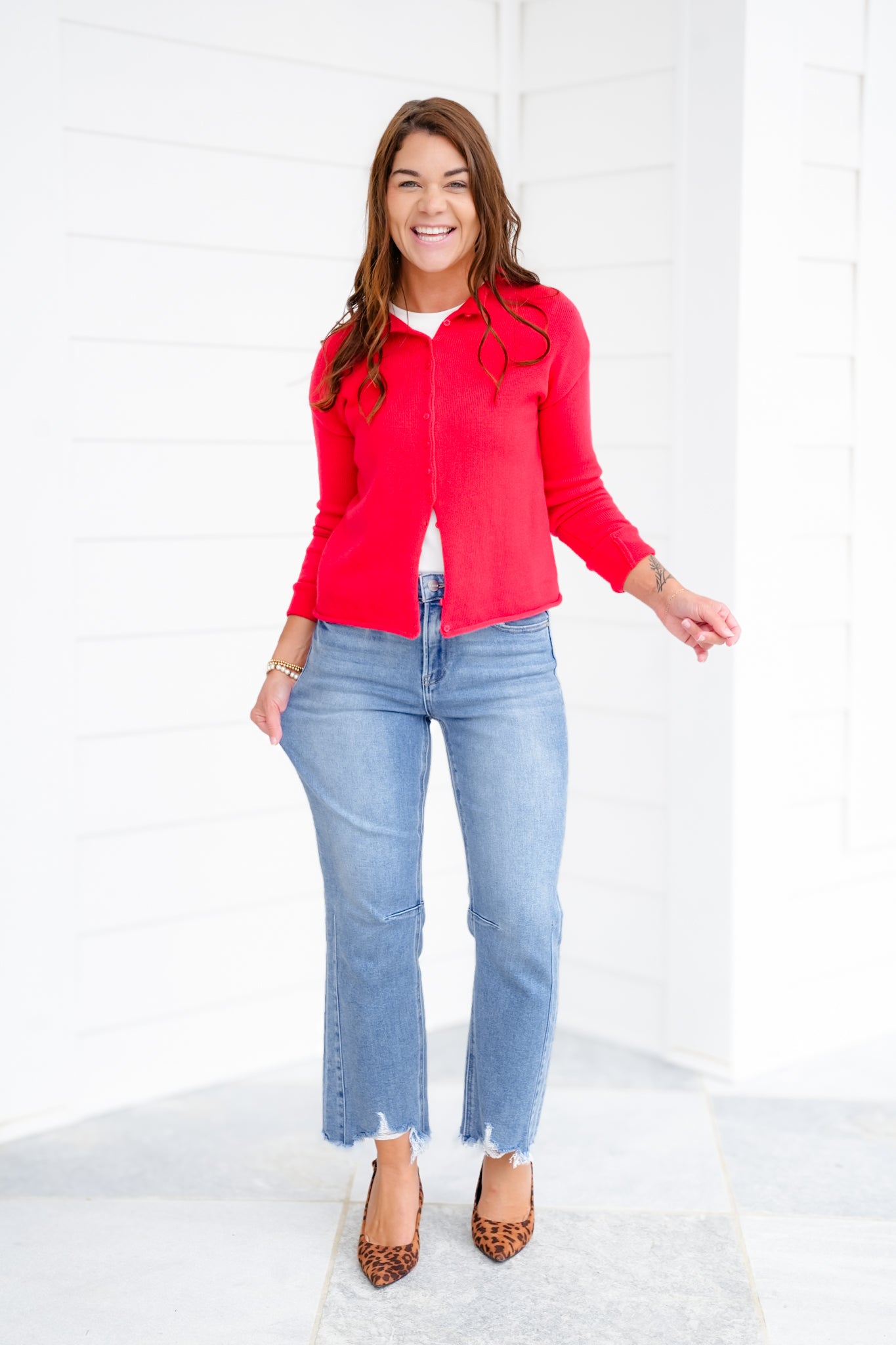 Risen High Rise Medium Wash Crop Straight Leg Jeans with Step Hem
