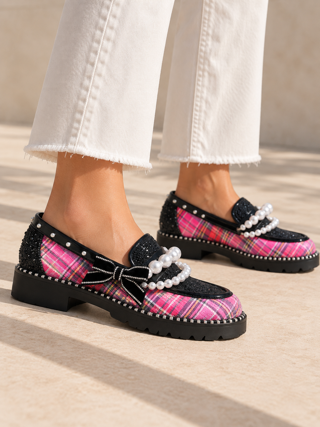 Betsey Johnson Plaid Pearl Embellished Velvet Bow Loafer