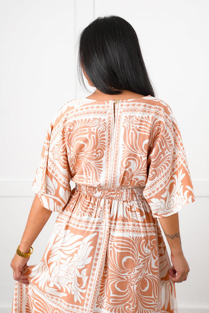 Plus/Reg  Boho Print Short Dolman Sleeve V Neck Midi Dress