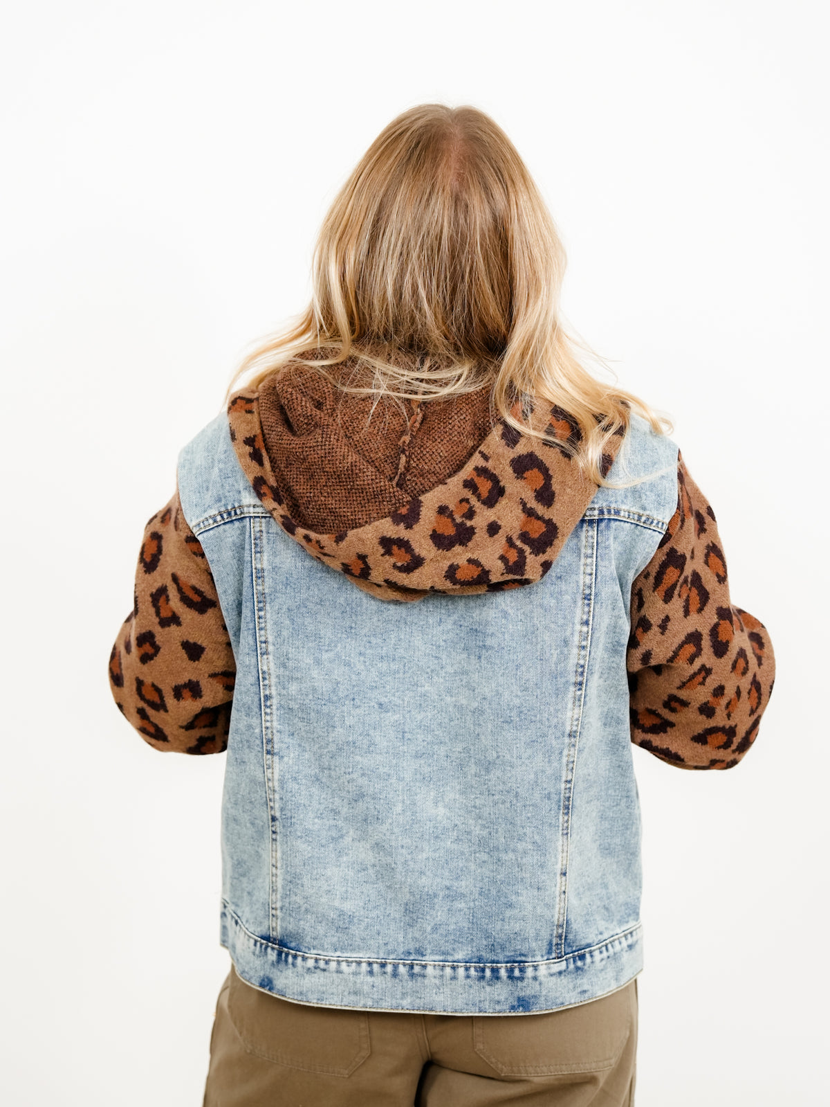 Contrast Animal Print Sleeve Hooded Jacket With Pockets