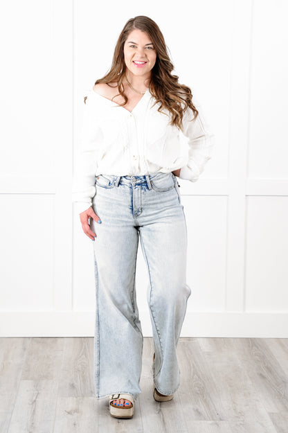 Judy Blue High Rise Light Wash Tummy Control Retro Wide Leg Jeans