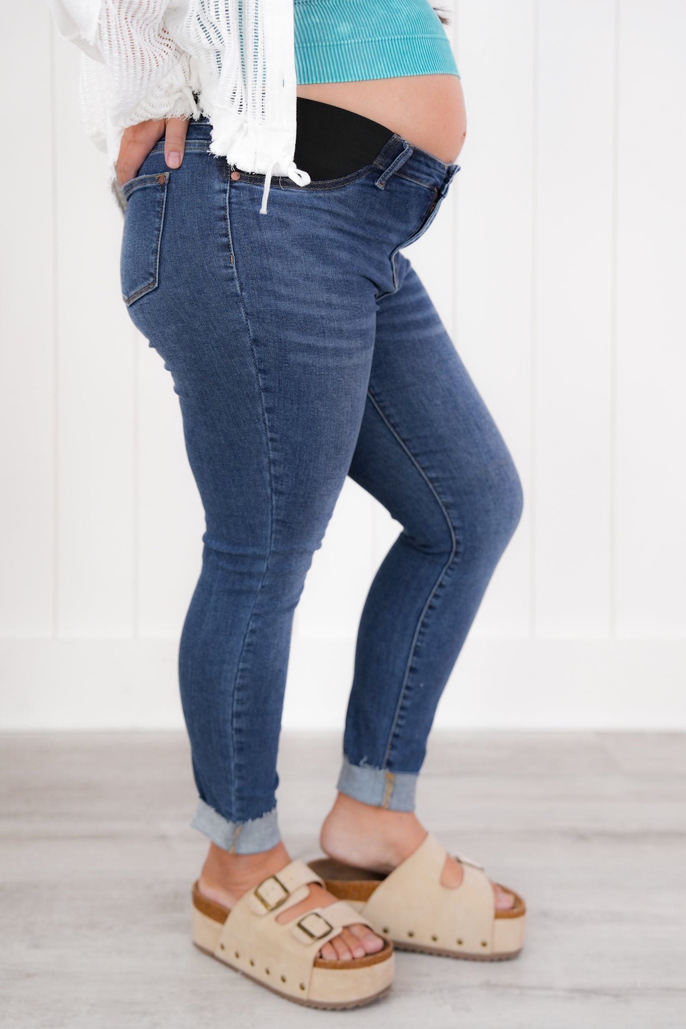 Judy Blue Mid Rise Medium Wash Maternity Raw Hem Skinny Jeans